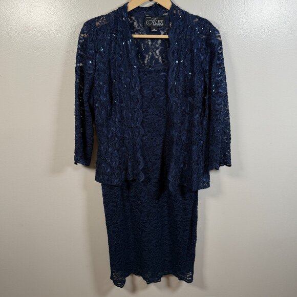 Alex Evenings Dress Jacket Size 8 Petite Navy Blue Sequin Lace Formal Wedding - Picture 1 of 11